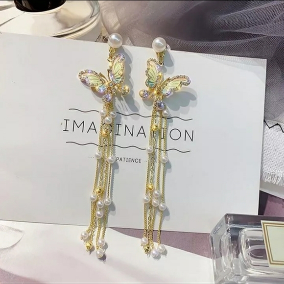 🎀Stunning Pearl Butterfly Long Tassel Earr - Picture 5 of 8